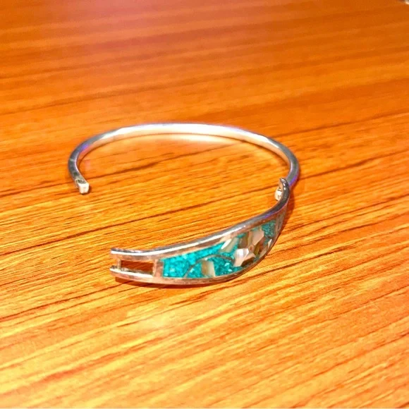 Turquoise Mexican Vintage Sterling Silver Cuff Bracelet 7” - Picture 5 of 12